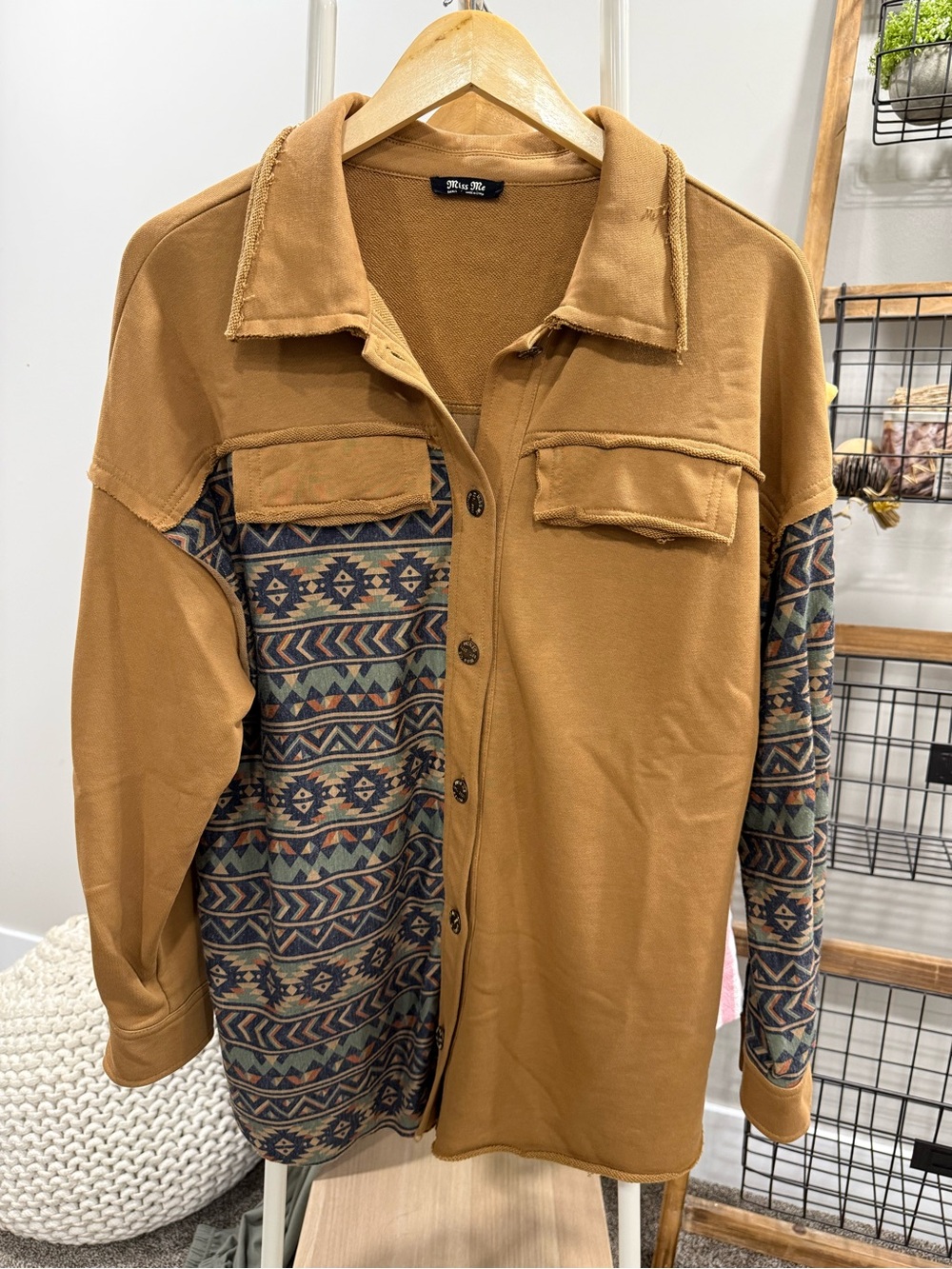 Miss Me Rust/Tan Aztec Panel Button-Up Womens Top
